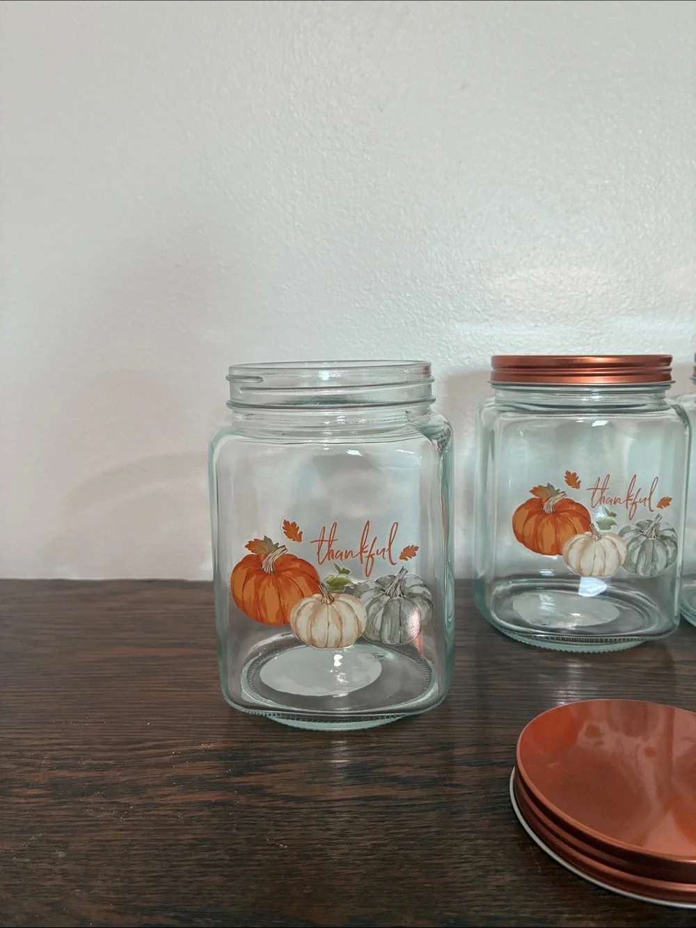 NWT- Set of 3- THANKFUL- Pumpkin Trio Harvest Glass Jars w/ Screw On Copper Lid